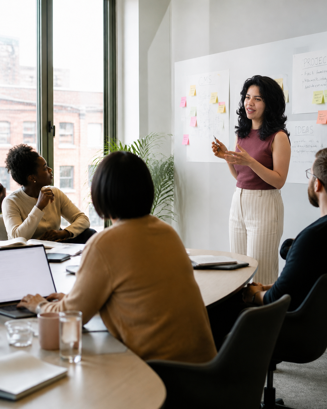 Facilitadora conduzindo um workshop com um pequeno grupo de profissionais em uma sala de reunião